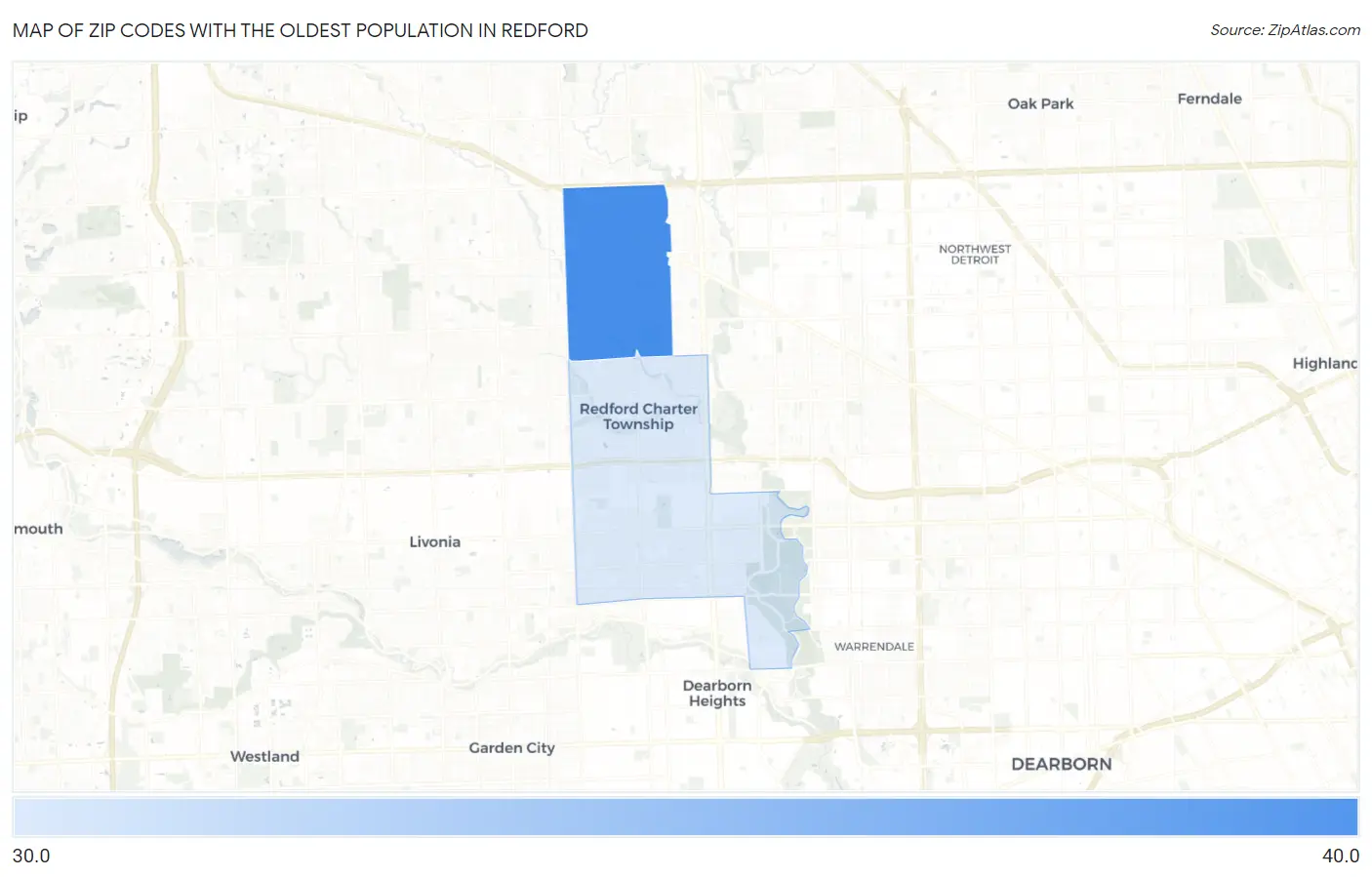 Zip Codes with the Oldest Population in Redford Map