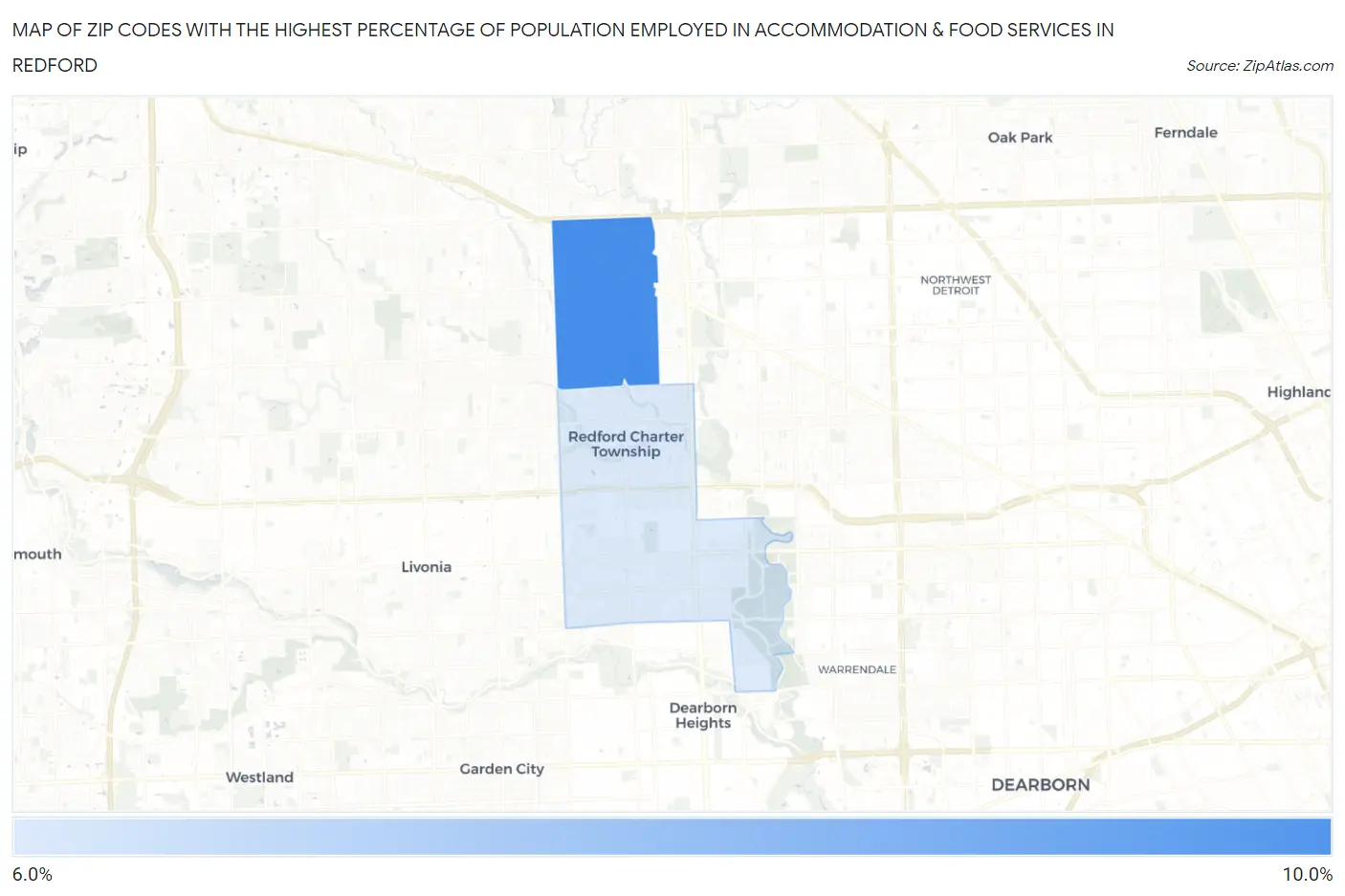 Zip Codes with the Highest Percentage of Population Employed in Accommodation & Food Services in Redford Map