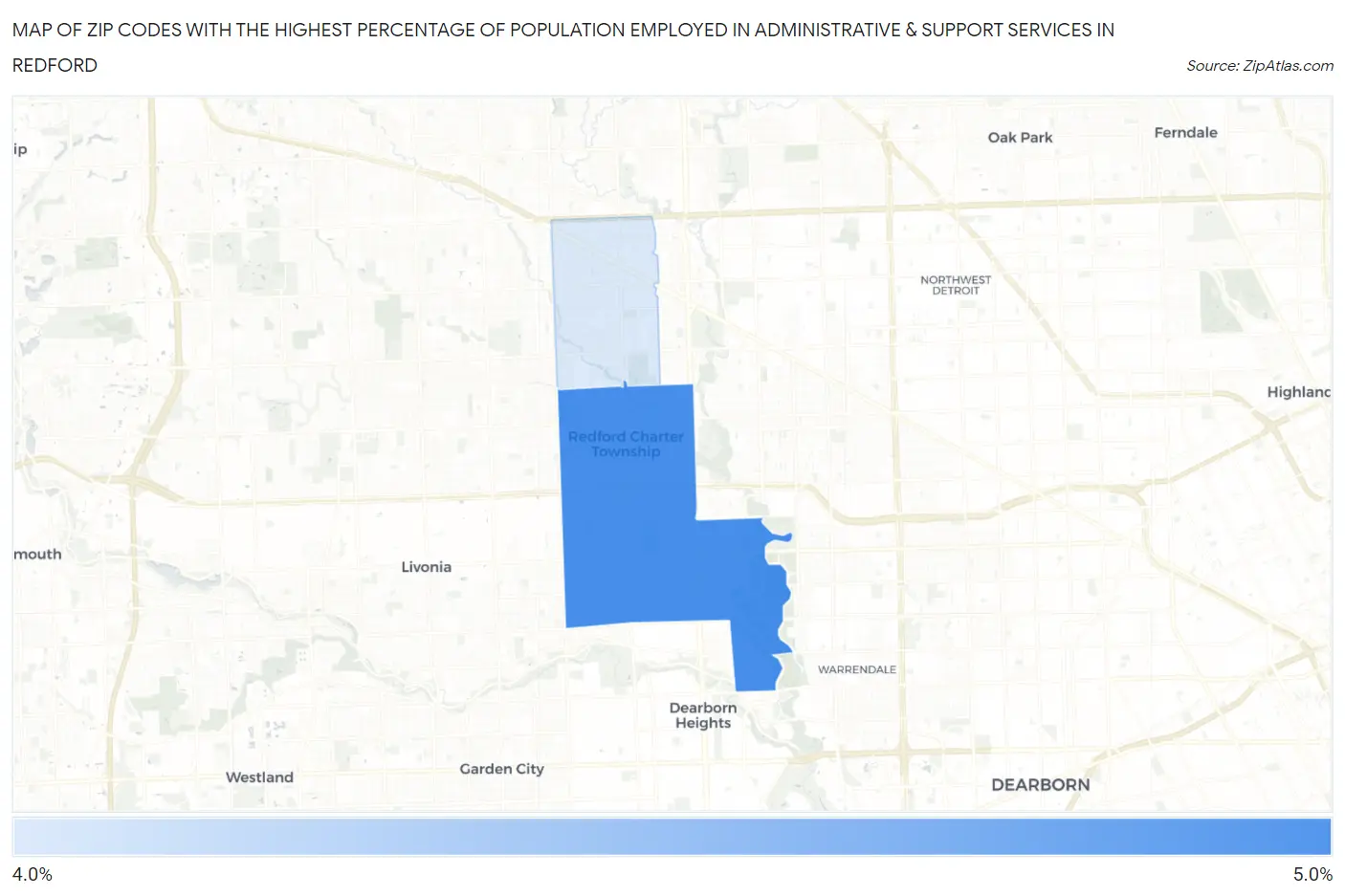 Zip Codes with the Highest Percentage of Population Employed in Administrative & Support Services in Redford Map