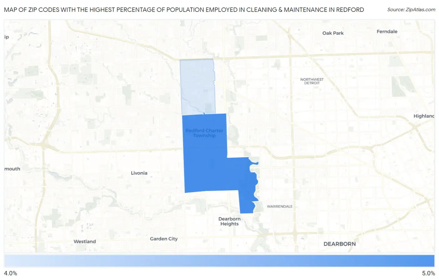 Zip Codes with the Highest Percentage of Population Employed in Cleaning & Maintenance in Redford Map
