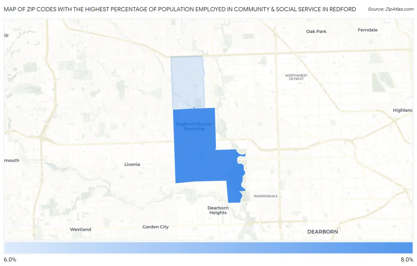 Zip Codes with the Highest Percentage of Population Employed in Community & Social Service  in Redford Map