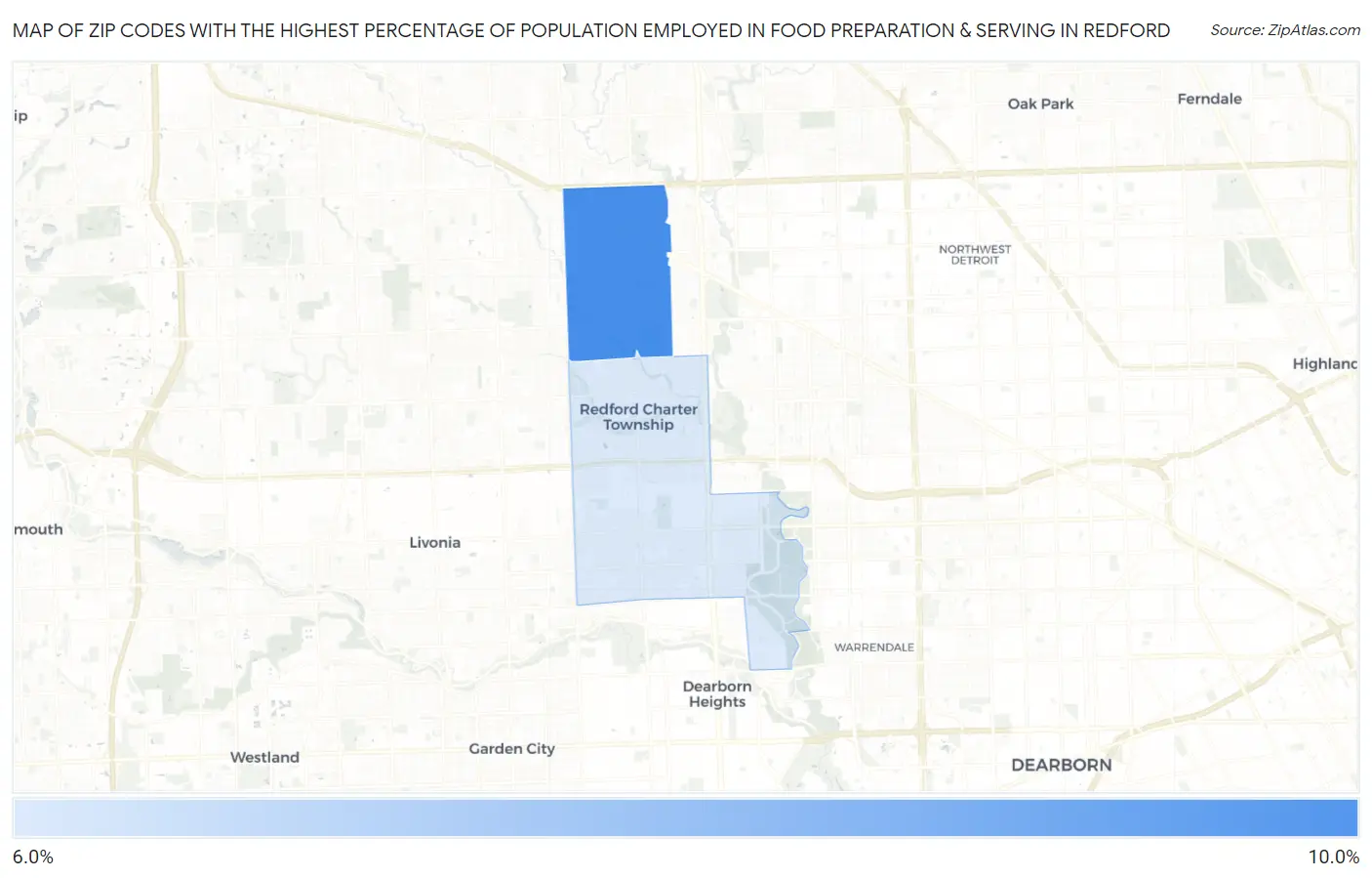 Zip Codes with the Highest Percentage of Population Employed in Food Preparation & Serving in Redford Map