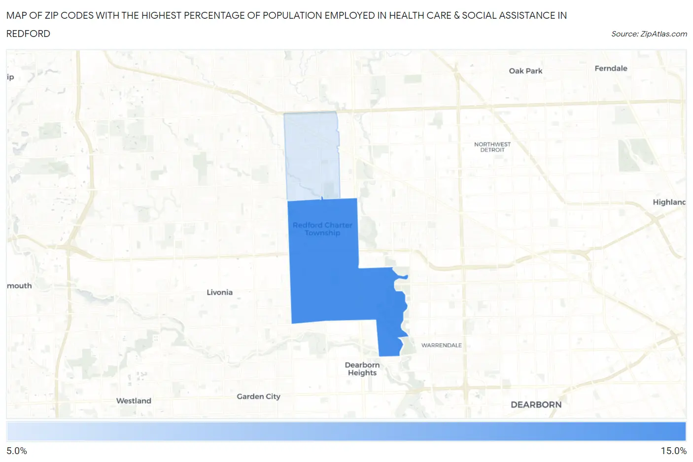 Zip Codes with the Highest Percentage of Population Employed in Health Care & Social Assistance in Redford Map