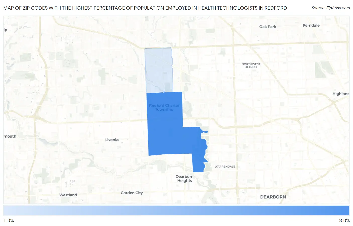 Zip Codes with the Highest Percentage of Population Employed in Health Technologists in Redford Map