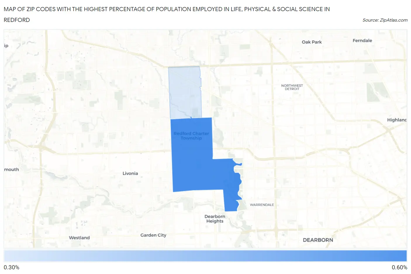Zip Codes with the Highest Percentage of Population Employed in Life, Physical & Social Science in Redford Map