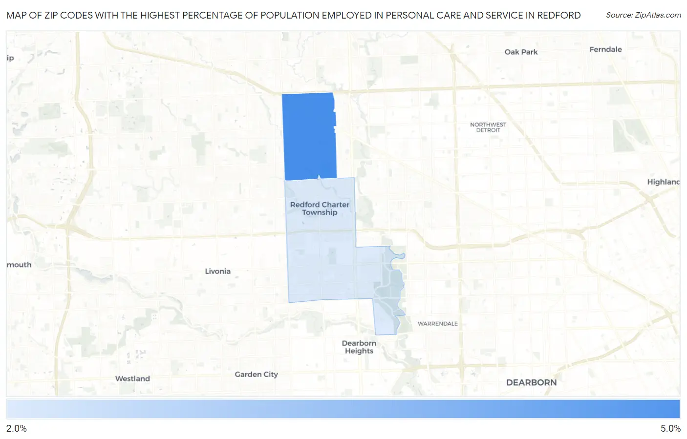 Zip Codes with the Highest Percentage of Population Employed in Personal Care and Service in Redford Map