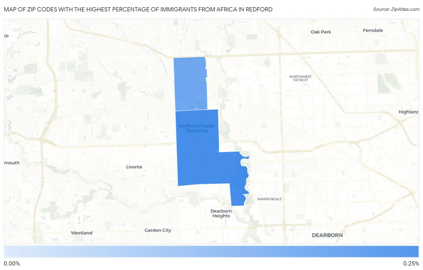 Zip Codes with the Highest Percentage of Immigrants from Africa in Redford Map
