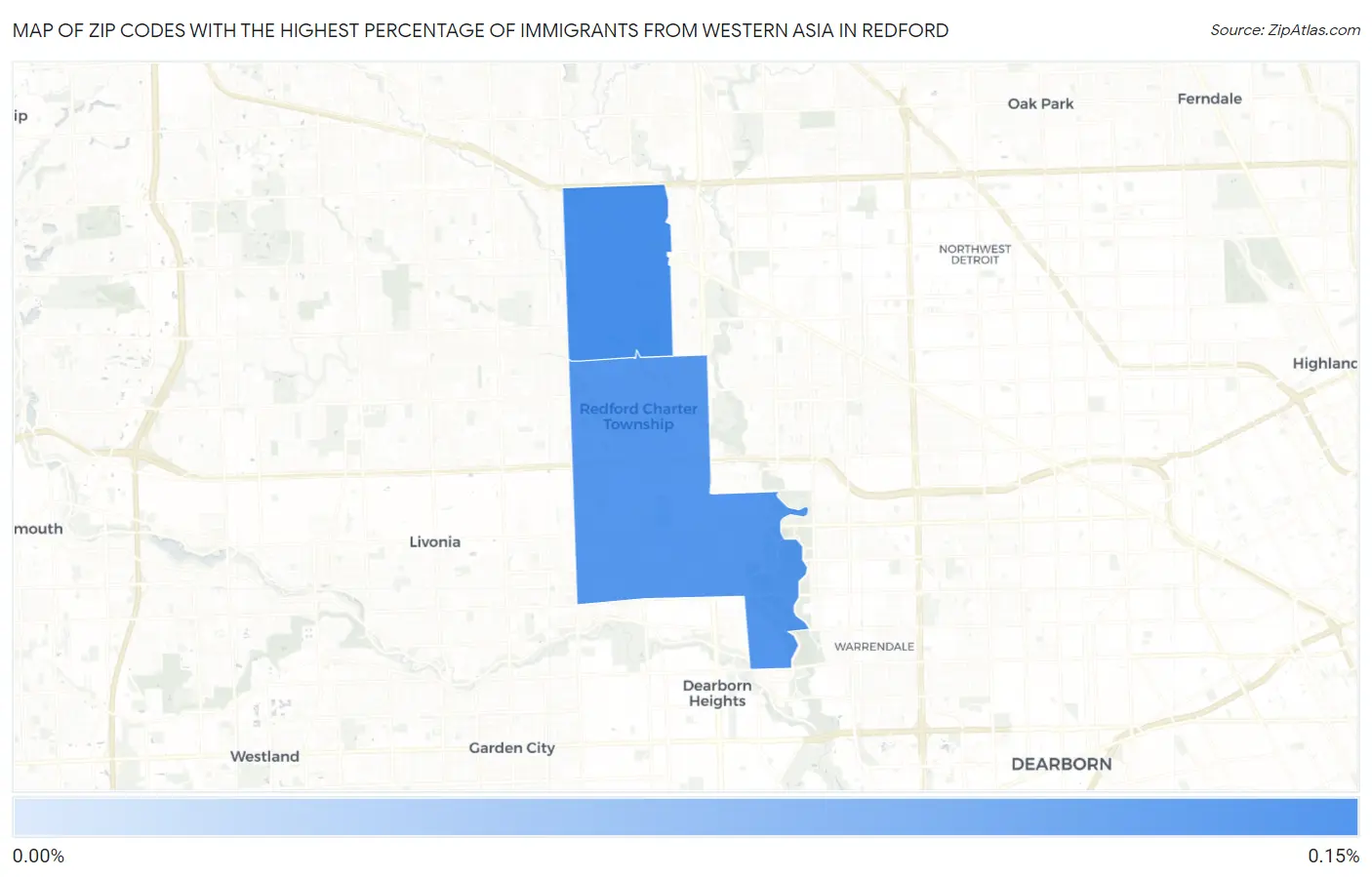 Zip Codes with the Highest Percentage of Immigrants from Western Asia in Redford Map