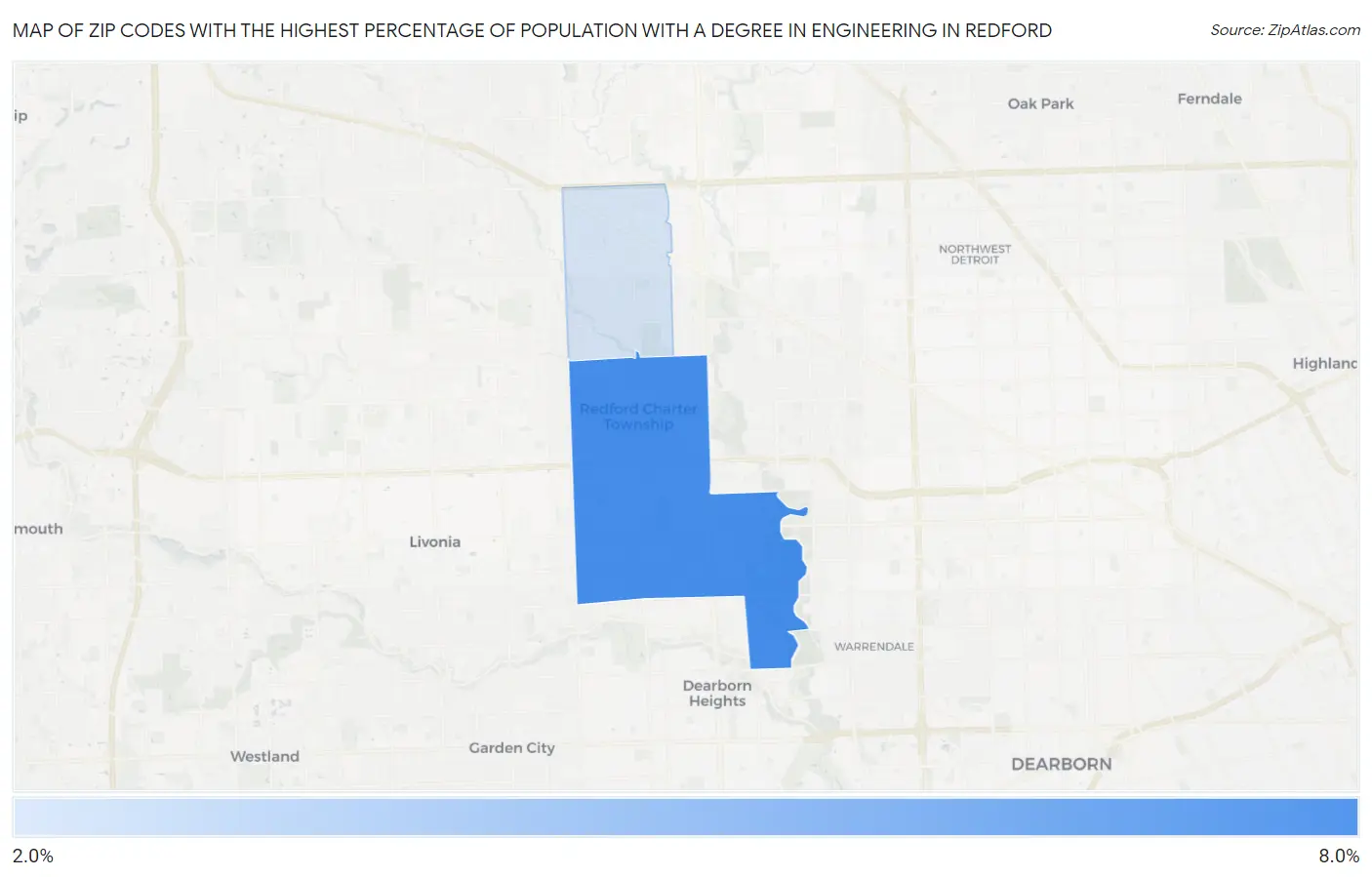 Zip Codes with the Highest Percentage of Population with a Degree in Engineering in Redford Map