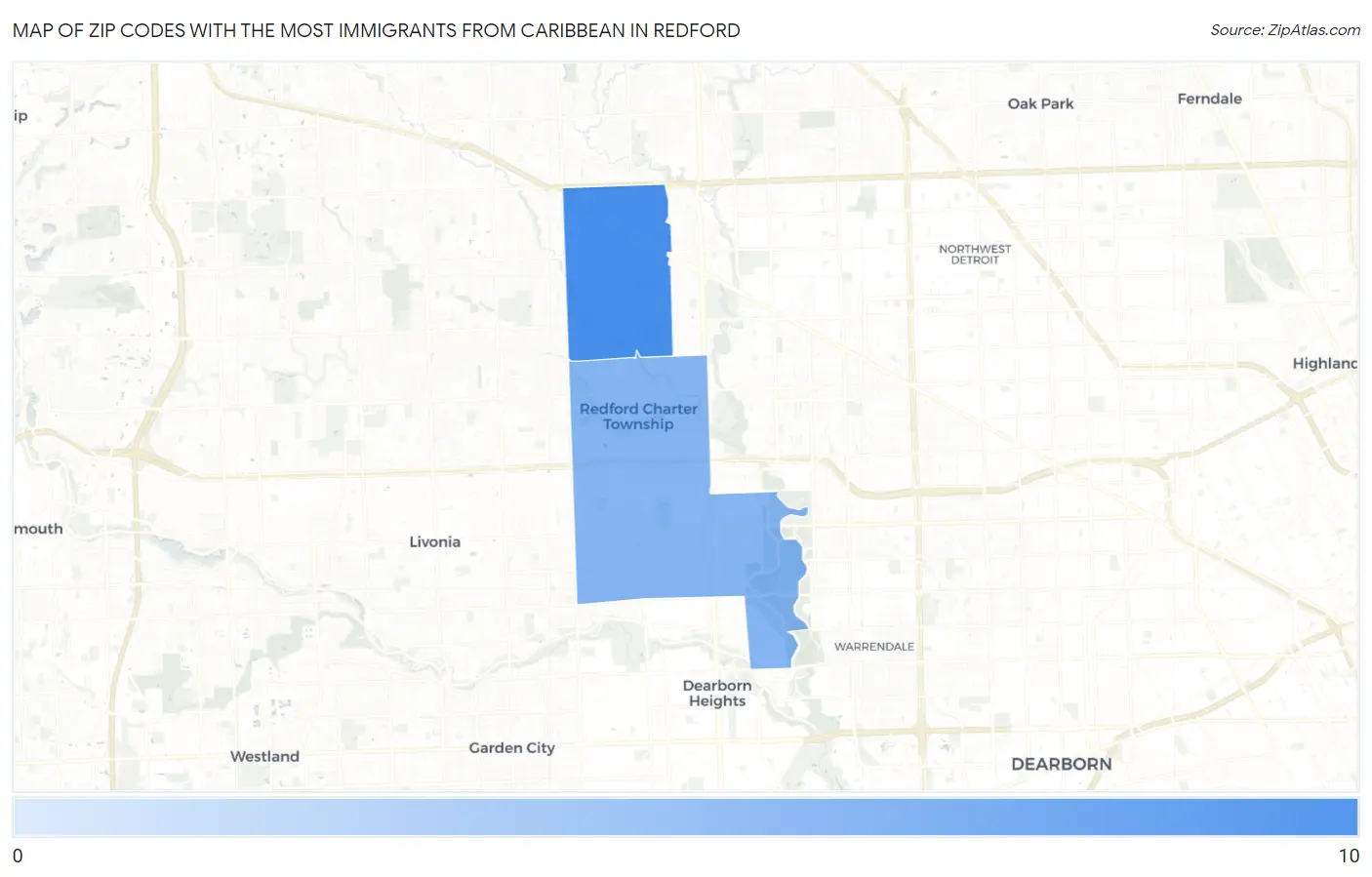 Zip Codes with the Most Immigrants from Caribbean in Redford Map