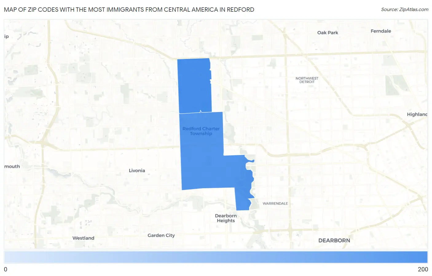 Zip Codes with the Most Immigrants from Central America in Redford Map
