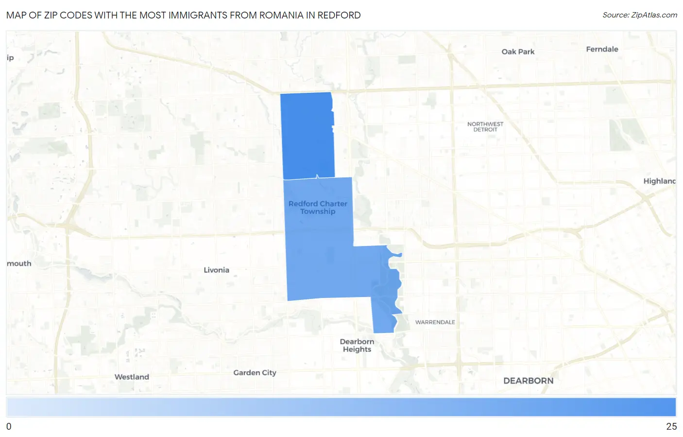 Zip Codes with the Most Immigrants from Romania in Redford Map