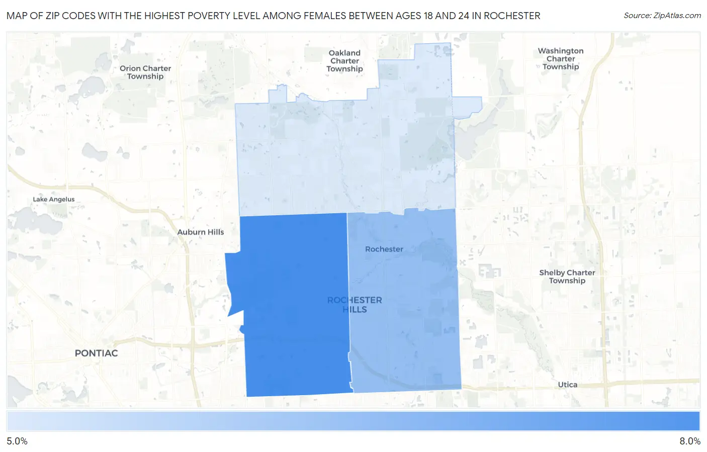 Zip Codes with the Highest Poverty Level Among Females Between Ages 18 and 24 in Rochester Map