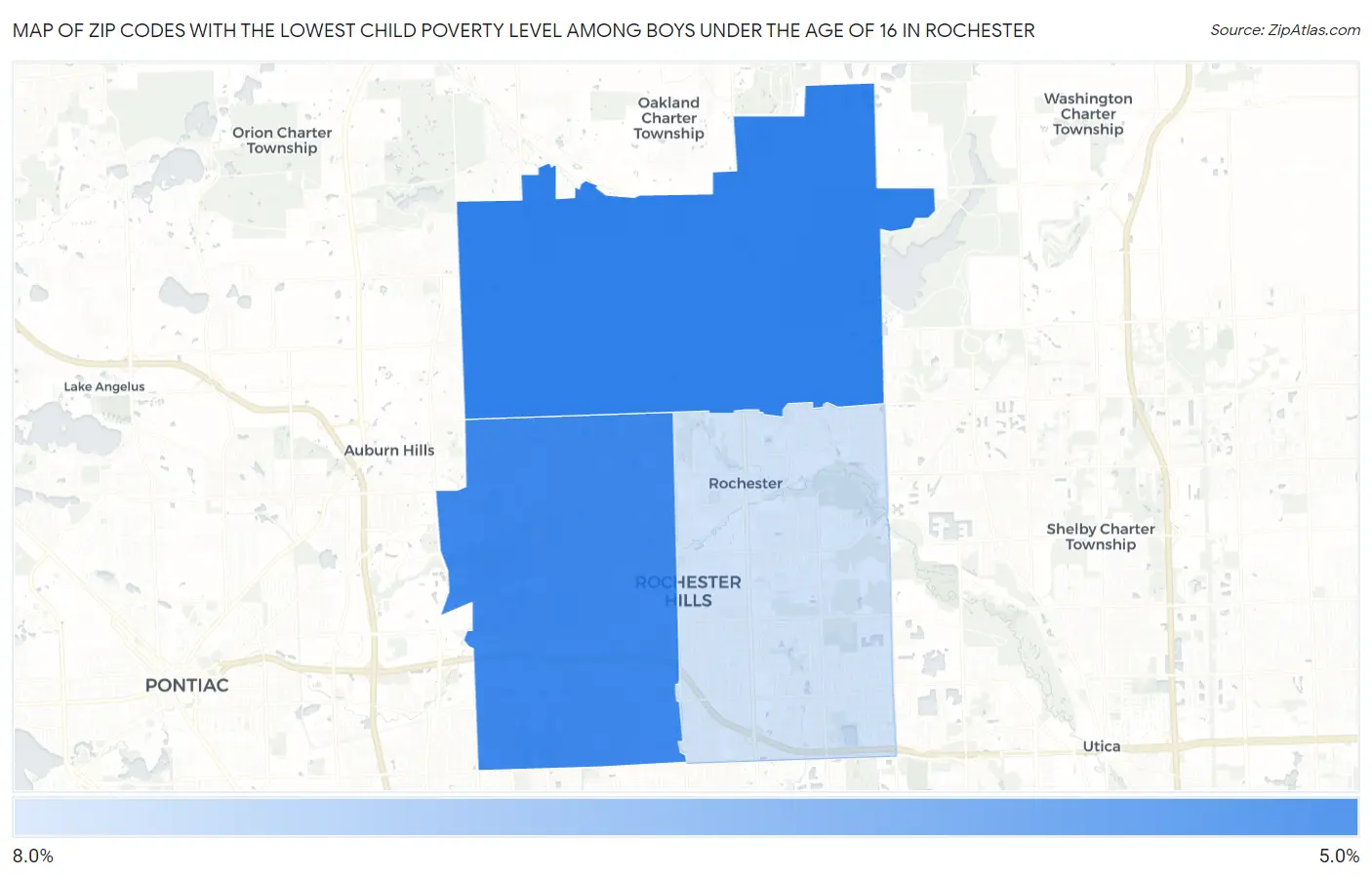 Zip Codes with the Lowest Child Poverty Level Among Boys Under the Age of 16 in Rochester Map