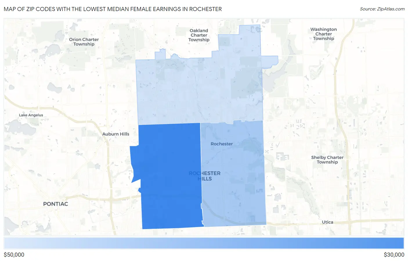 Zip Codes with the Lowest Median Female Earnings in Rochester Map
