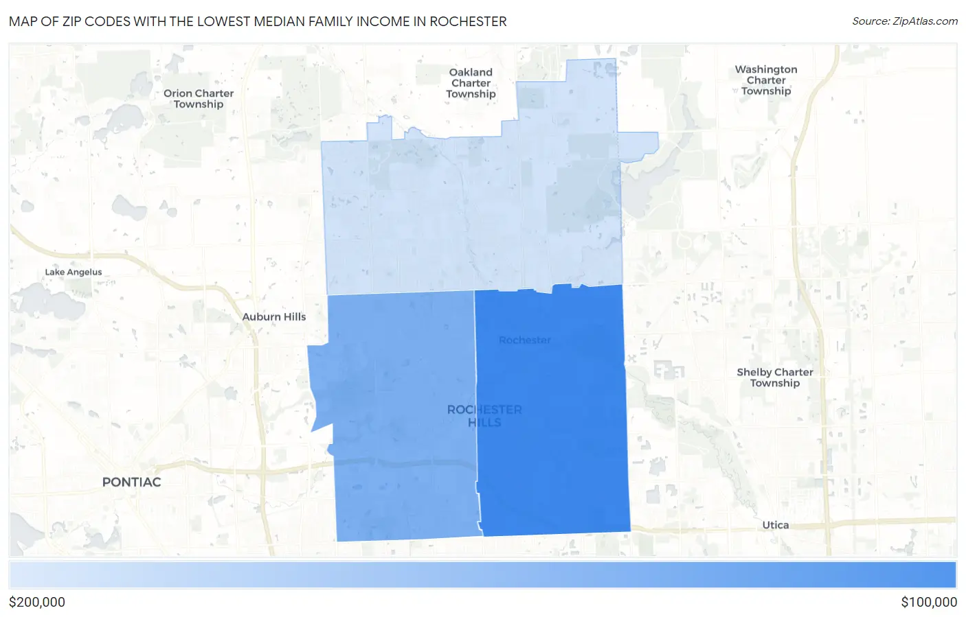 Zip Codes with the Lowest Median Family Income in Rochester Map