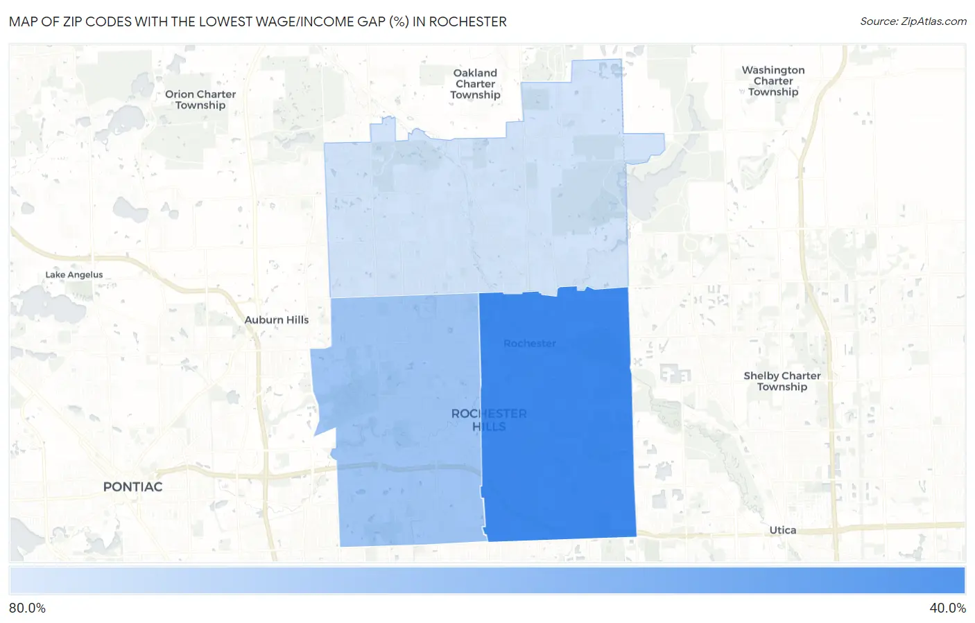 Zip Codes with the Lowest Wage/Income Gap (%) in Rochester Map