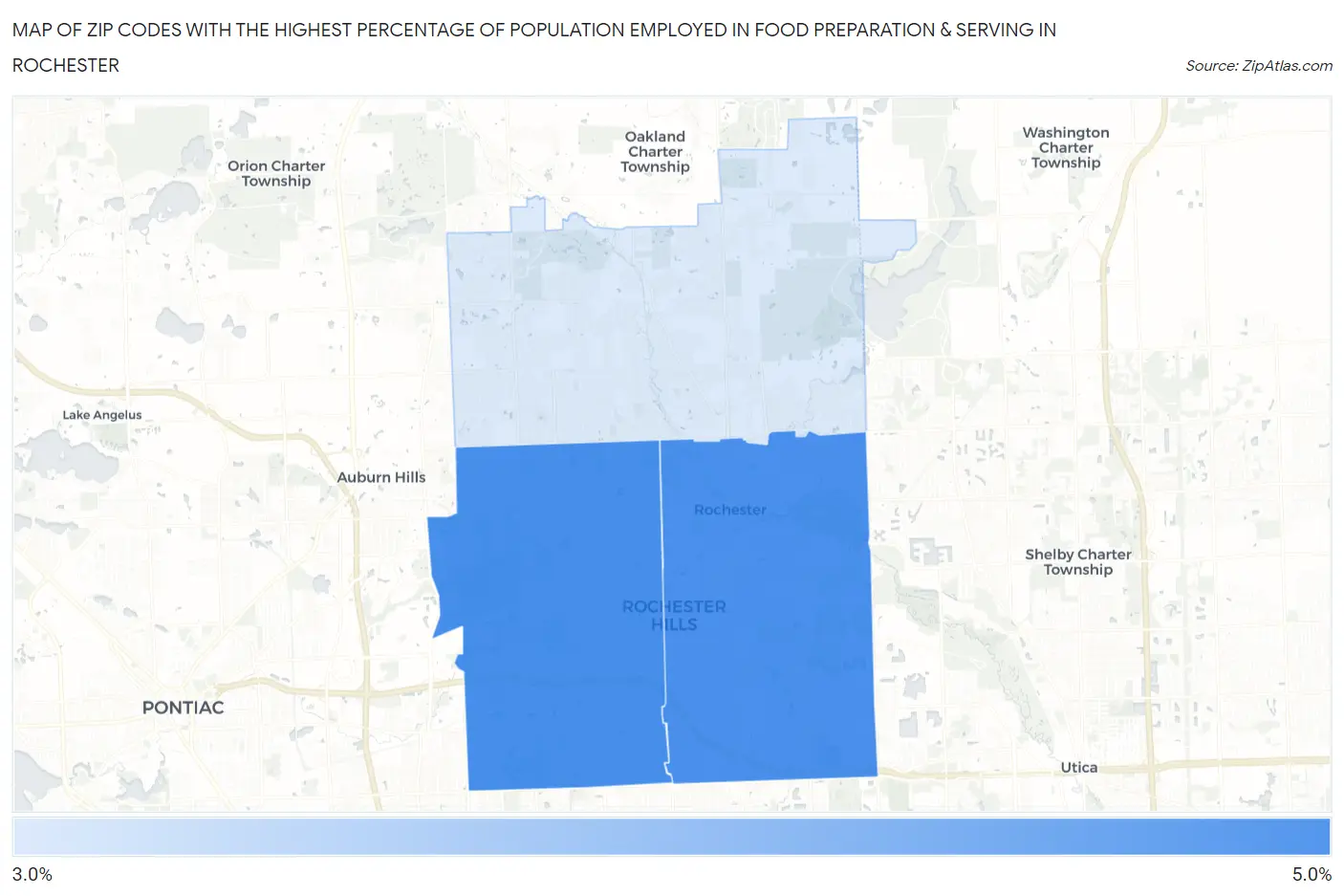 Zip Codes with the Highest Percentage of Population Employed in Food Preparation & Serving in Rochester Map