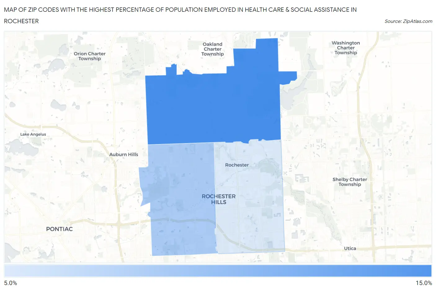 Zip Codes with the Highest Percentage of Population Employed in Health Care & Social Assistance in Rochester Map