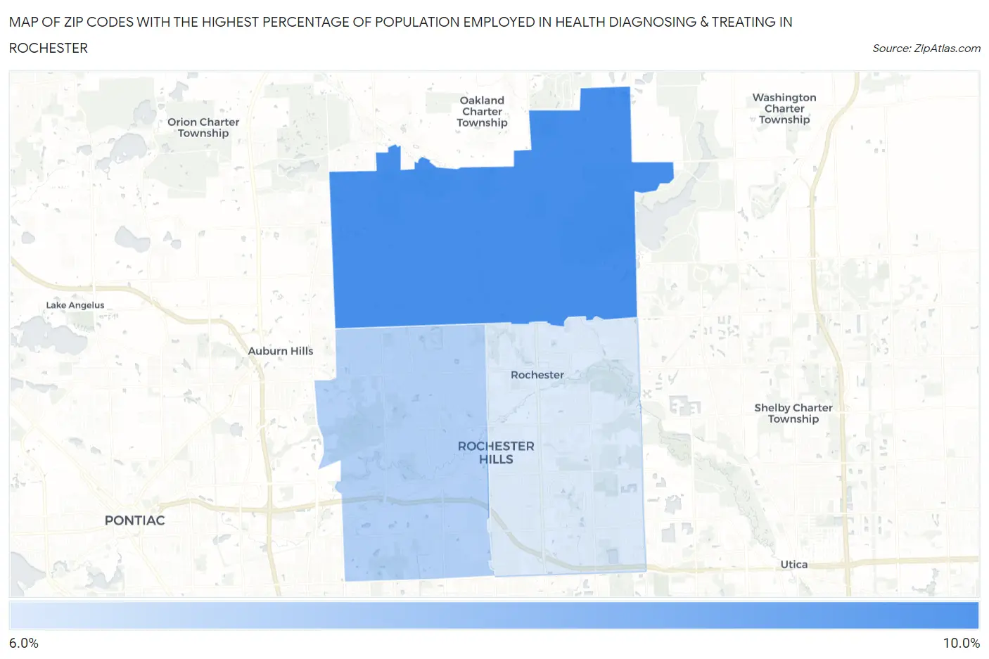 Zip Codes with the Highest Percentage of Population Employed in Health Diagnosing & Treating in Rochester Map