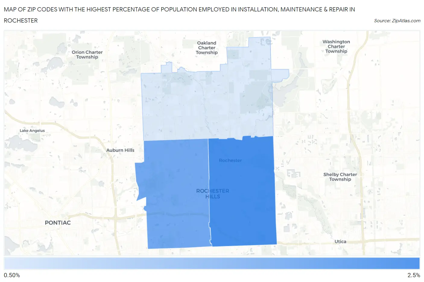 Zip Codes with the Highest Percentage of Population Employed in Installation, Maintenance & Repair in Rochester Map