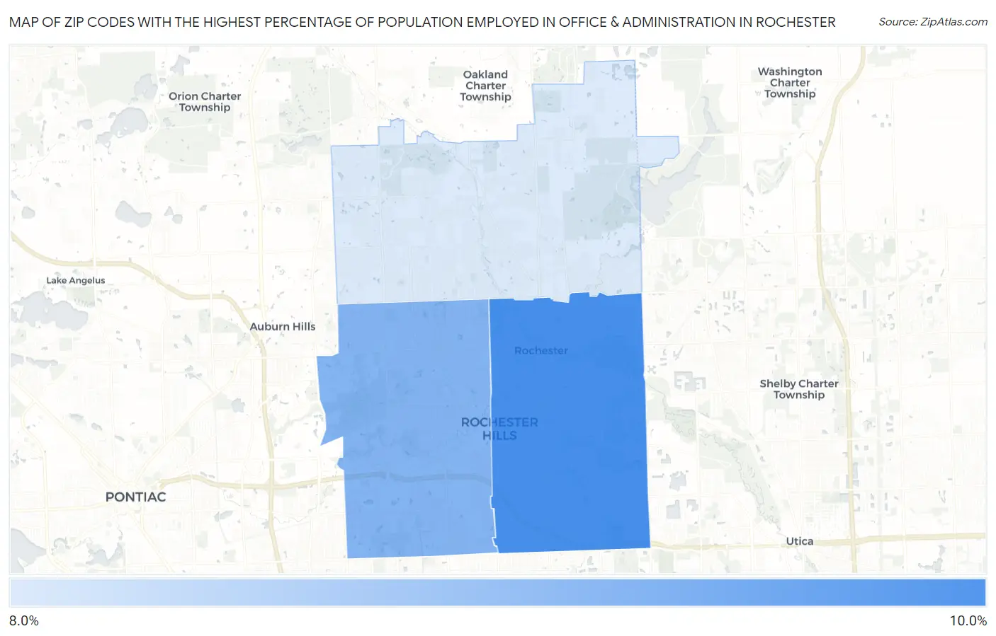 Zip Codes with the Highest Percentage of Population Employed in Office & Administration in Rochester Map