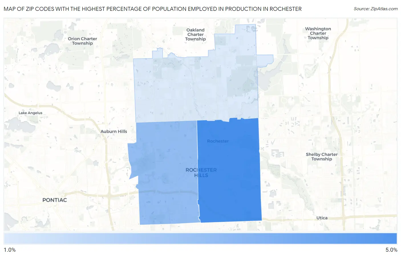 Zip Codes with the Highest Percentage of Population Employed in Production in Rochester Map