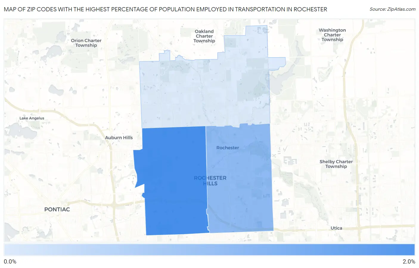 Zip Codes with the Highest Percentage of Population Employed in Transportation in Rochester Map