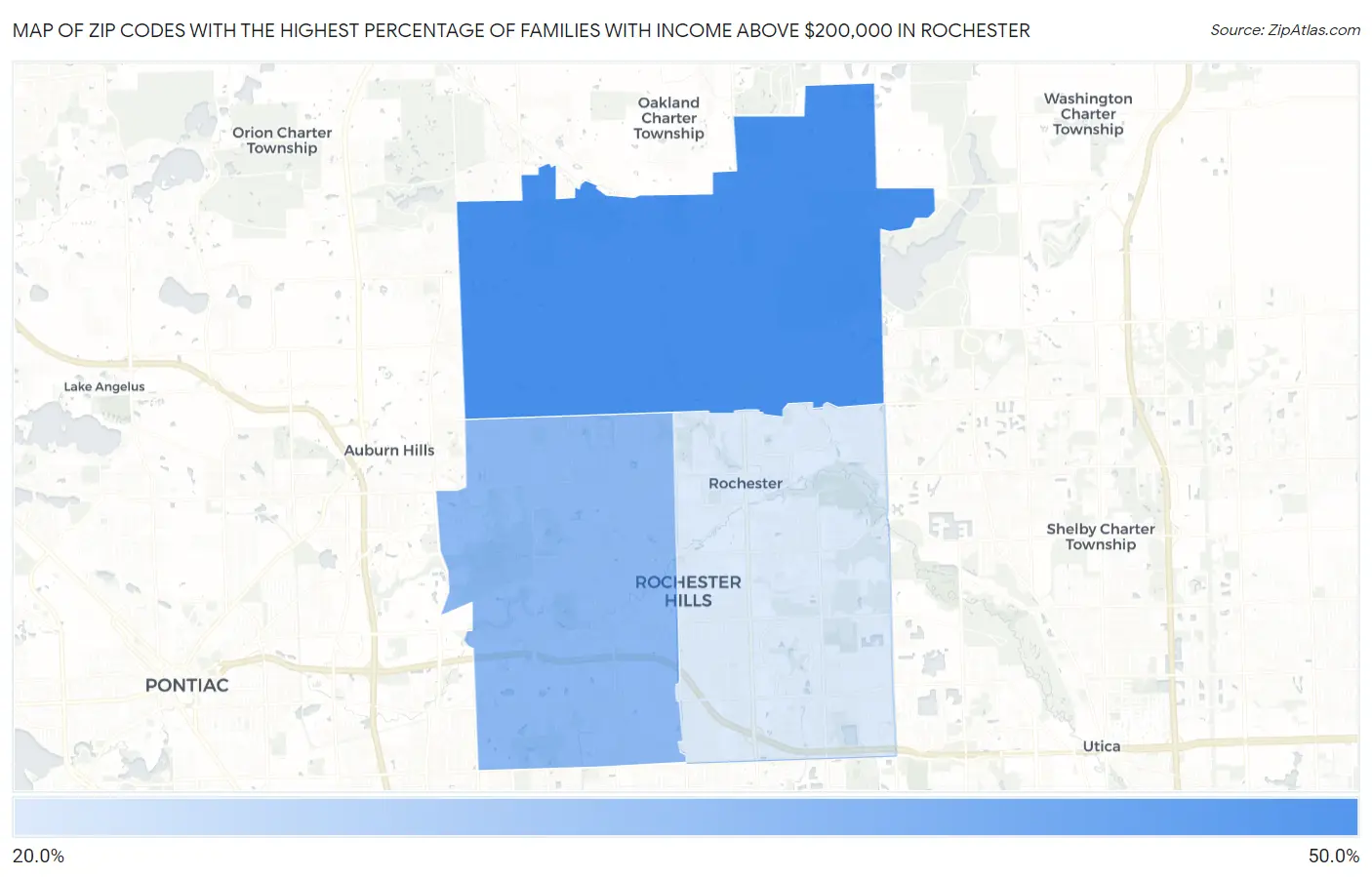 Zip Codes with the Highest Percentage of Families with Income Above $200,000 in Rochester Map