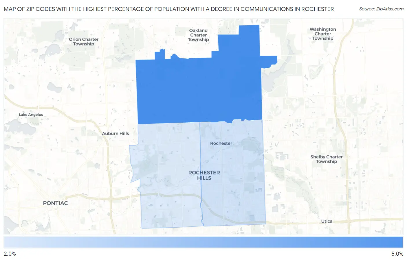 Zip Codes with the Highest Percentage of Population with a Degree in Communications in Rochester Map