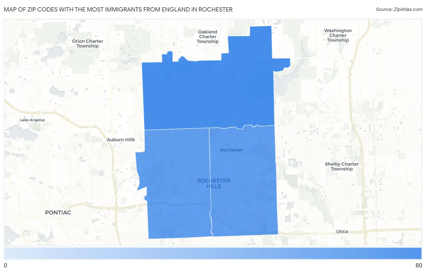 Zip Codes with the Most Immigrants from England in Rochester Map