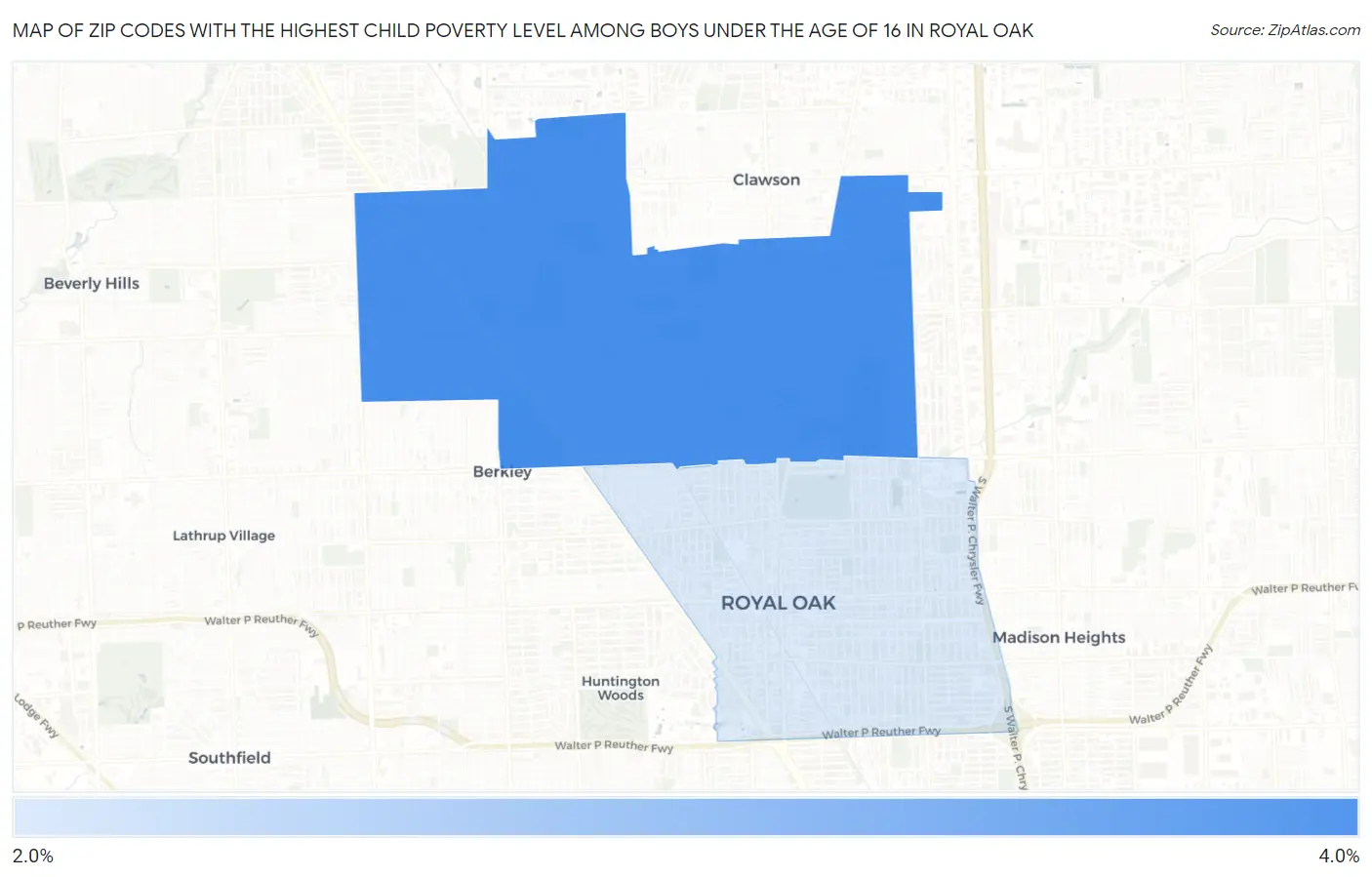 Zip Codes with the Highest Child Poverty Level Among Boys Under the Age of 16 in Royal Oak Map