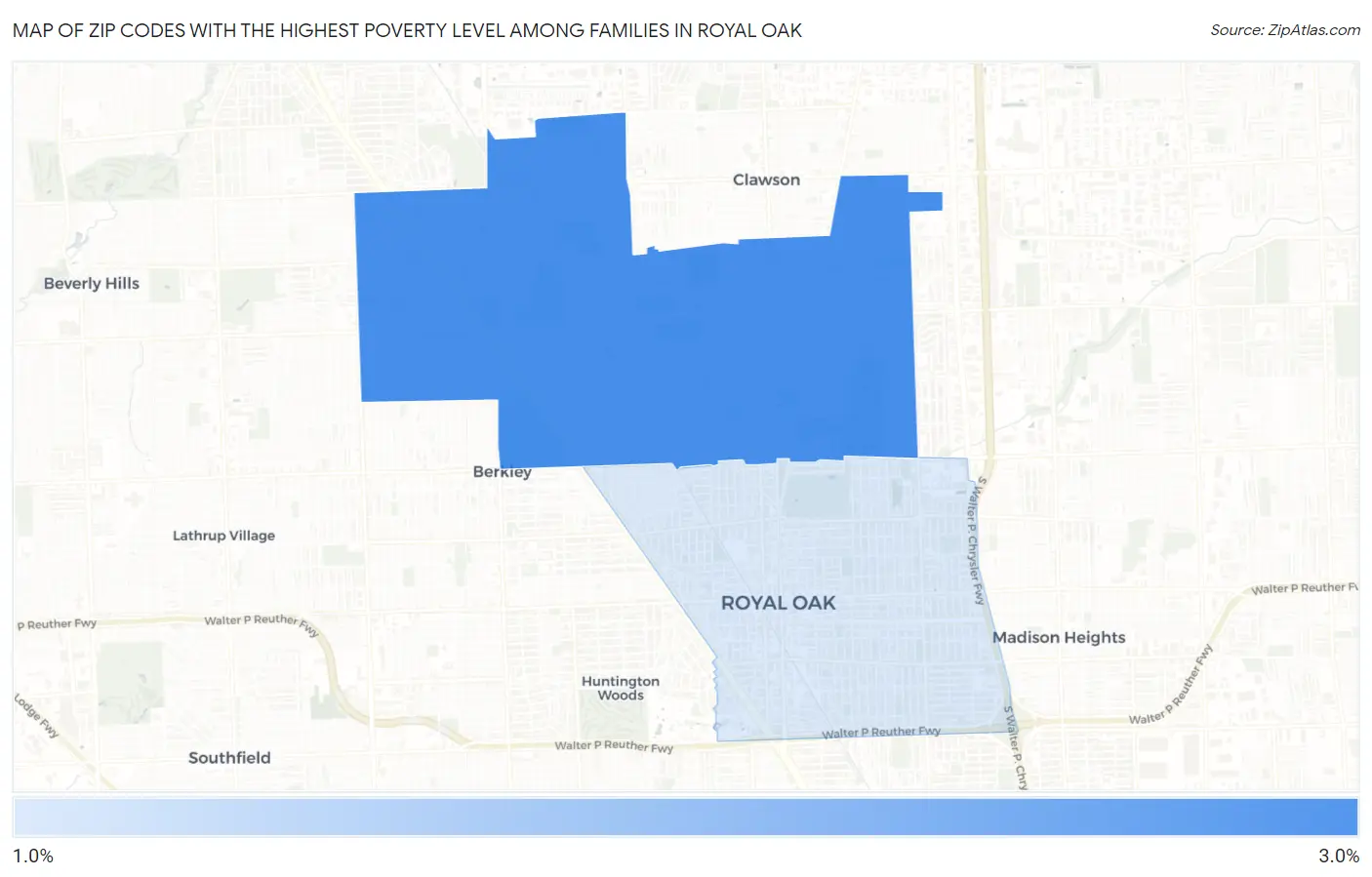 Zip Codes with the Highest Poverty Level Among Families in Royal Oak Map
