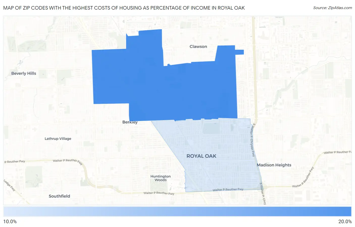 Zip Codes with the Highest Costs of Housing as Percentage of Income in Royal Oak Map
