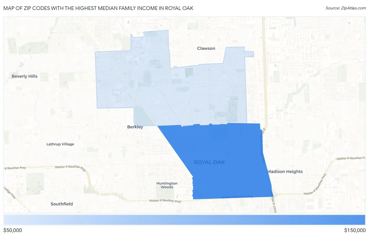 Zip Codes with the Highest Median Family Income in Royal Oak Map