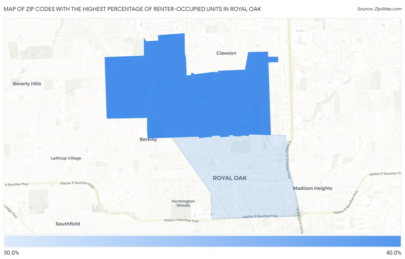 Zip Codes with the Highest Percentage of Renter-Occupied Units in Royal Oak Map