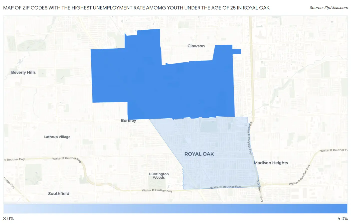 Zip Codes with the Highest Unemployment Rate Amomg Youth Under the Age of 25 in Royal Oak Map