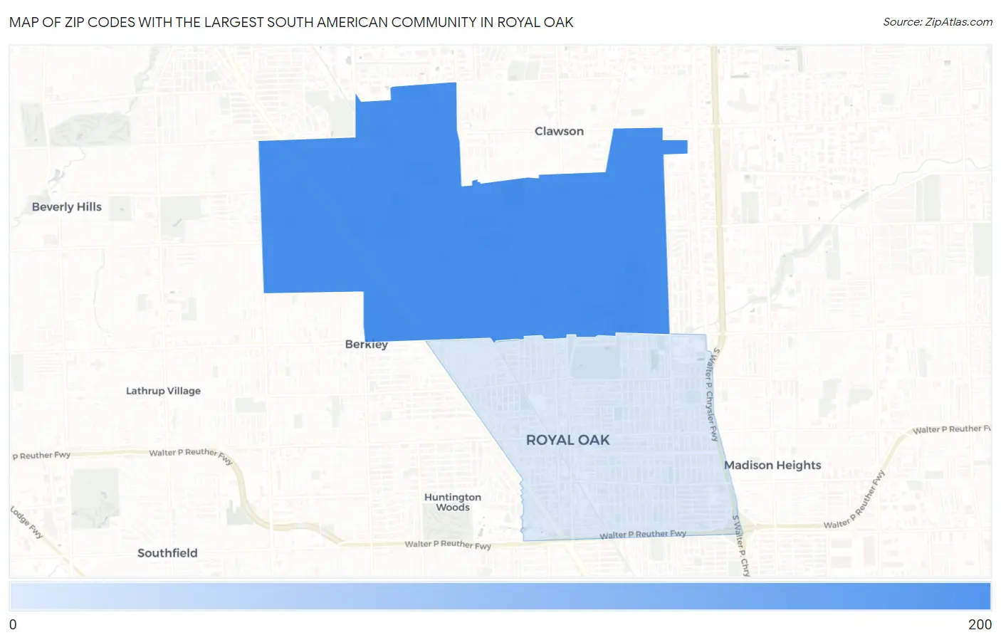 Zip Codes with the Largest South American Community in Royal Oak Map