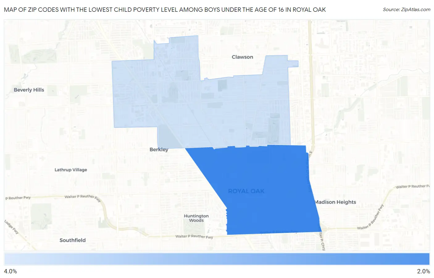 Zip Codes with the Lowest Child Poverty Level Among Boys Under the Age of 16 in Royal Oak Map