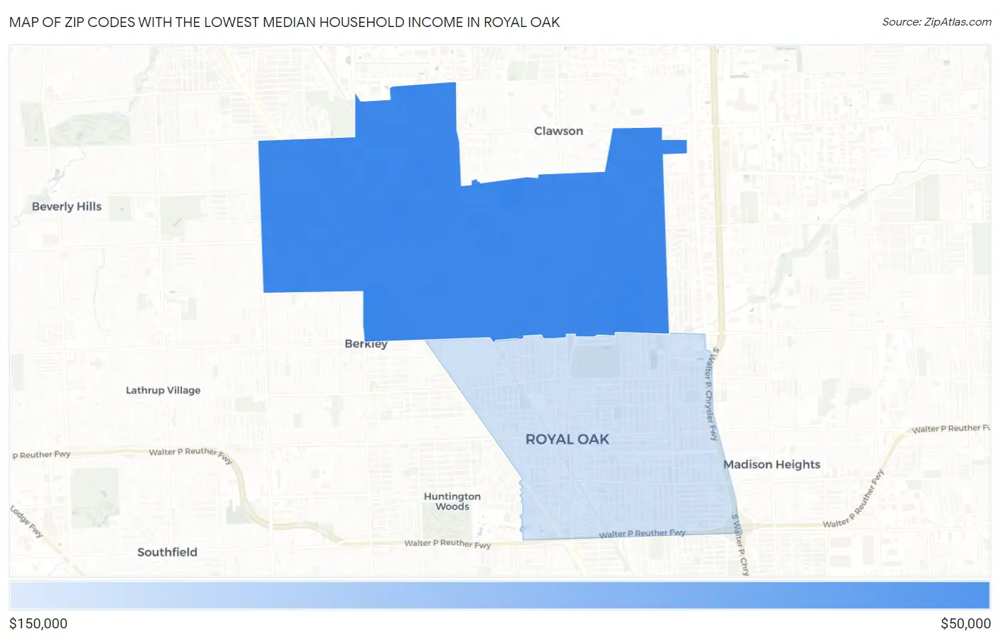 Zip Codes with the Lowest Median Household Income in Royal Oak Map