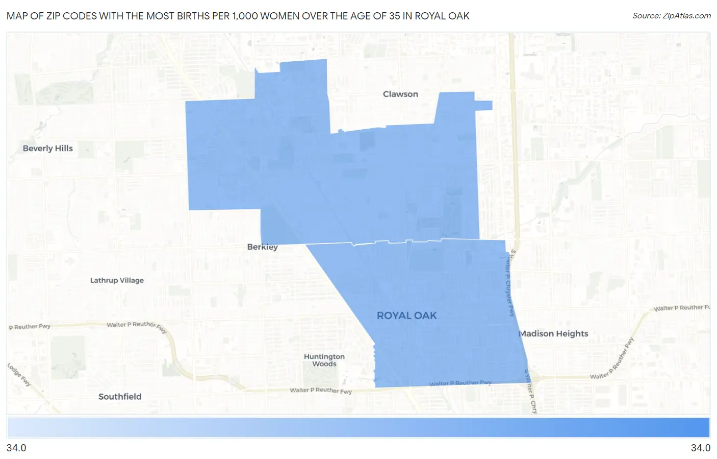 Zip Codes with the Most Births per 1,000 Women Over the Age of 35 in Royal Oak Map