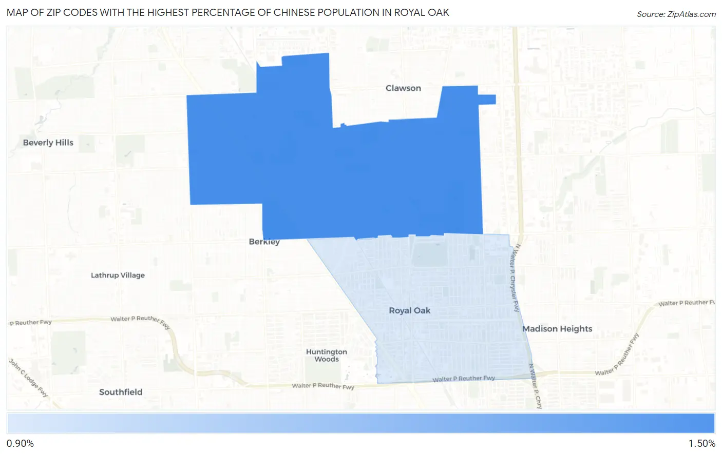Zip Codes with the Highest Percentage of Chinese Population in Royal Oak Map