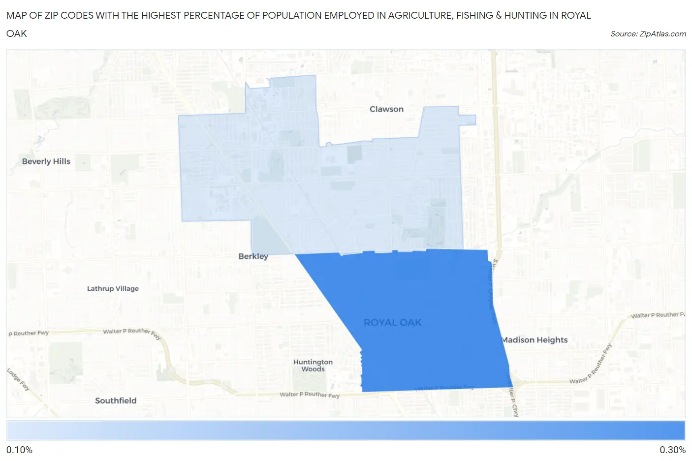 Zip Codes with the Highest Percentage of Population Employed in Agriculture, Fishing & Hunting in Royal Oak Map