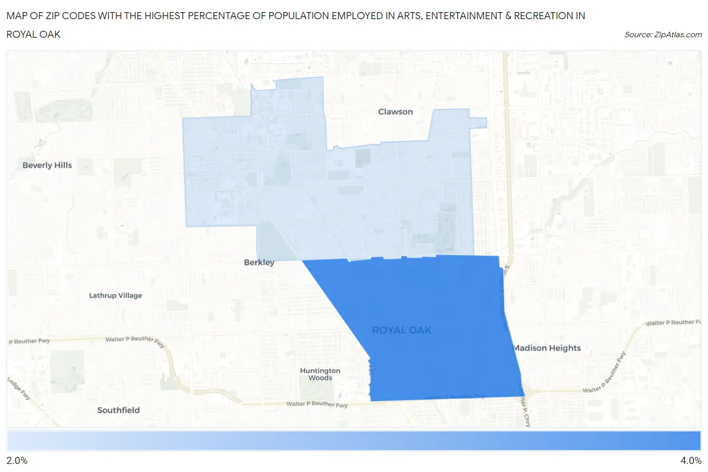Zip Codes with the Highest Percentage of Population Employed in Arts, Entertainment & Recreation in Royal Oak Map