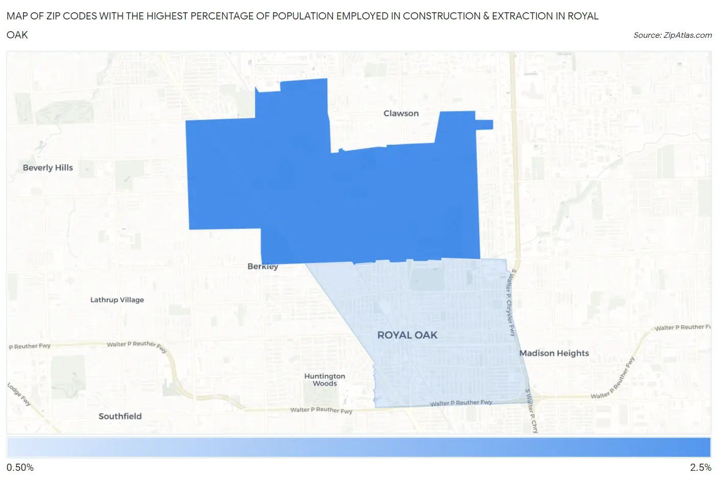 Zip Codes with the Highest Percentage of Population Employed in Construction & Extraction in Royal Oak Map