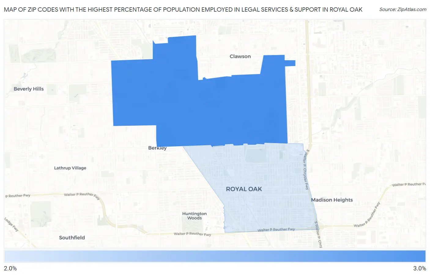 Zip Codes with the Highest Percentage of Population Employed in Legal Services & Support in Royal Oak Map