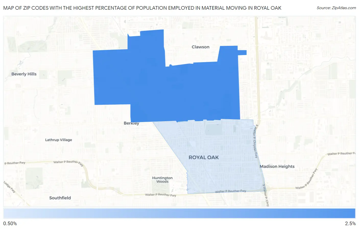 Zip Codes with the Highest Percentage of Population Employed in Material Moving in Royal Oak Map
