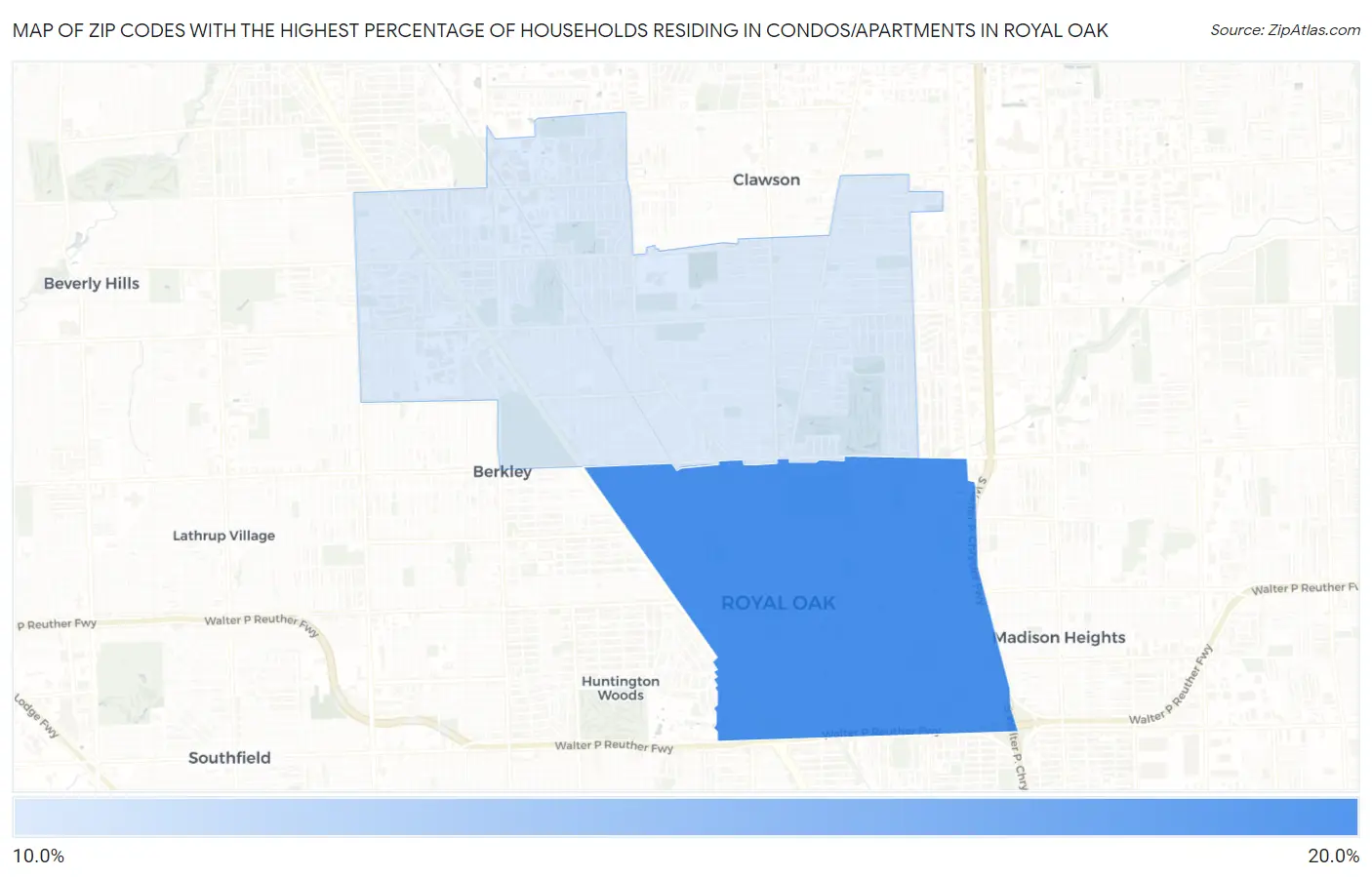 Zip Codes with the Highest Percentage of Households Residing in Condos/Apartments in Royal Oak Map