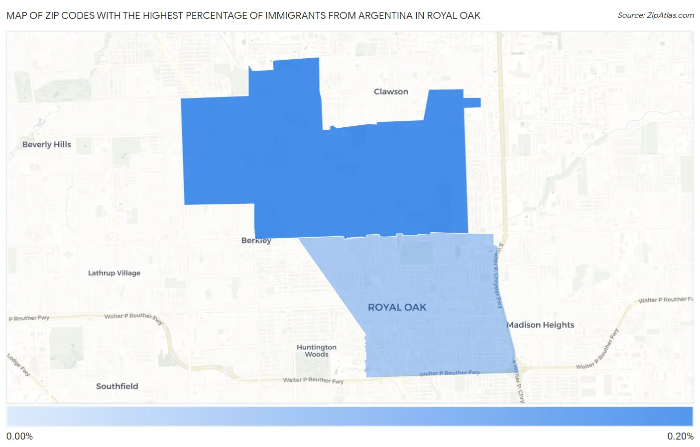 Zip Codes with the Highest Percentage of Immigrants from Argentina in Royal Oak Map