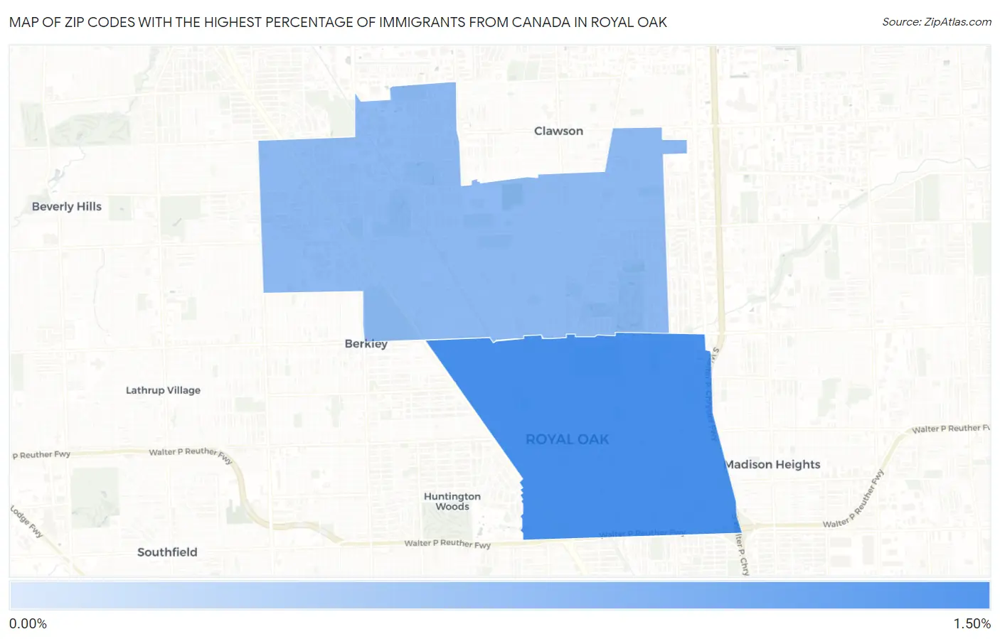 Zip Codes with the Highest Percentage of Immigrants from Canada in Royal Oak Map